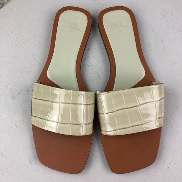 Zara Women's Size 39 Beige Patent Open Toe Square Toe Slip On Flats Sandals - Picture 3 of 11